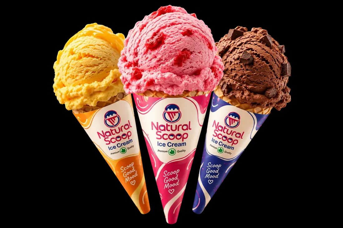 Natural Scoop mango, strawberry and chocolate ice cream cones