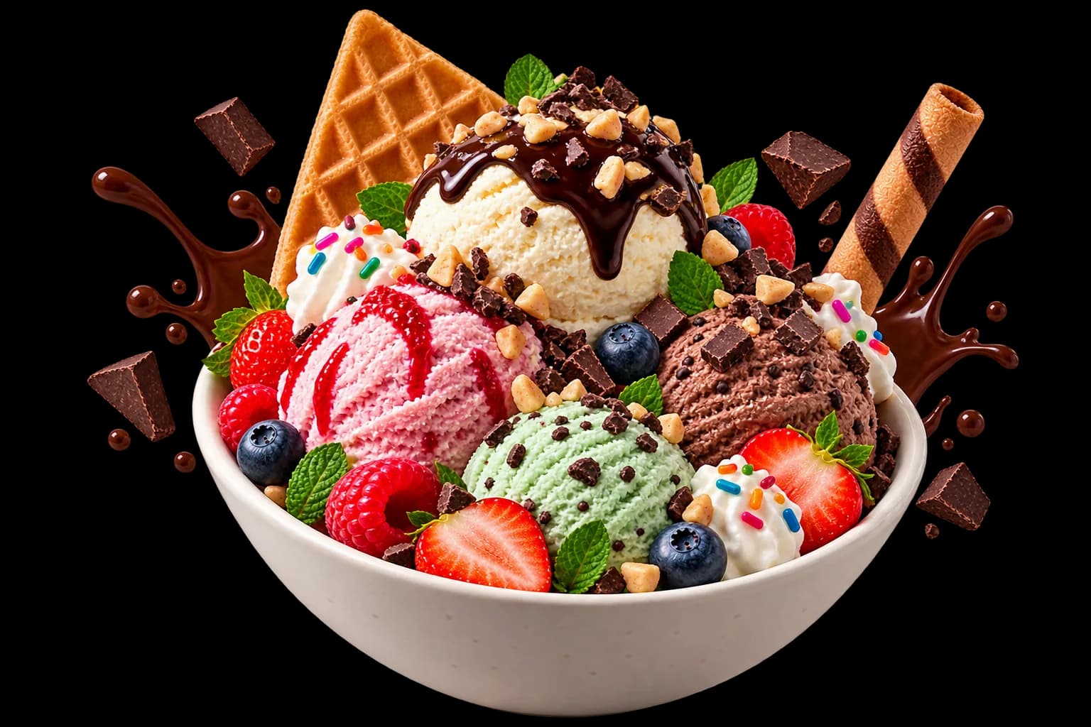 Mixed Natural Scoop ice cream with fruit, chocolate, mint and waffle cones