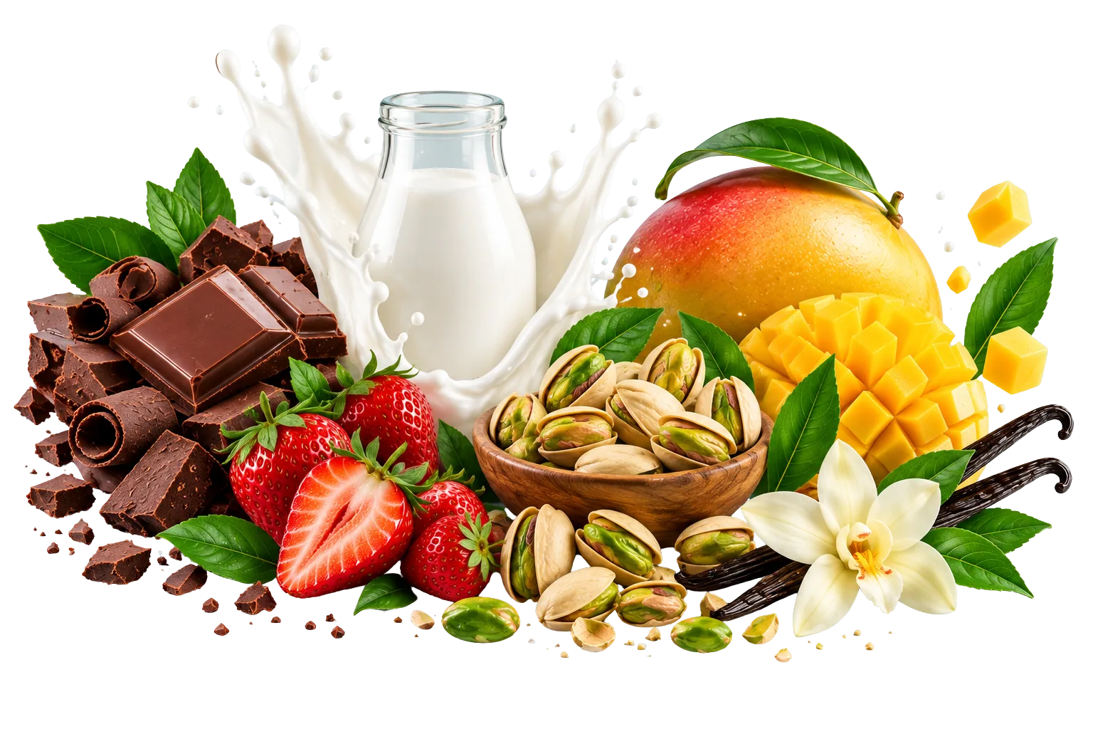 Natural ice cream ingredients including milk, chocolate, strawberries, pistachios, mango and vanilla